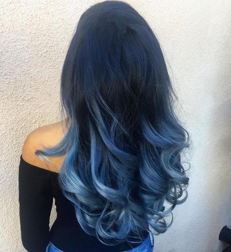 Long Black To Pastel Blue Ombre Hair Blue Ombre Hair Medium Length, Shades Of Blue Hair Color, Blue Balayage, Crazy Colour Hair Dye, Makeover Hair, Longer Pixie, Grad Hair, Navy Blue Hair, Dyed Hair Blue