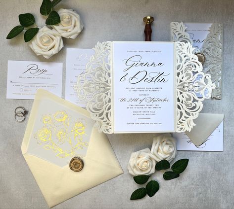 Gold And White Wedding Invitations, Gold And White Wedding, Clear Acrylic Wedding Invitations, Gold Foil Wedding Invitations, Budget Wedding Invitations, Monogram Wedding Invitations, Gold Foil Wedding, White Wedding Invitations, Acrylic Wedding Invitations