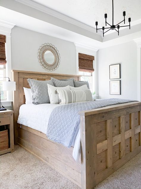 LOVE this DIY King Bed by Shanty2Chic! Check out the free plans and how-to video! King Bed Frame Wood, King Size Bed Frame Diy, Panel Bed Frame, Diy King Bed, Diy King Bed Frame, Diy Farmhouse Bed, Bedroom Layout Ideas, Bed Frame Plans, Bedroom Layout