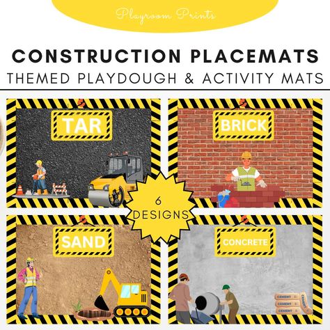 Construction Activity Mats  Posters: Building Themed Playdough Mats for Kindergarten, Daycare, Preschool, Trucks, Tools and Diggers, Child Construction Activity, Art Bases, Play Sand, Playdough Activities, Construction Activities, Playdough Mats, Construction Theme, Activity Mat, Play Space