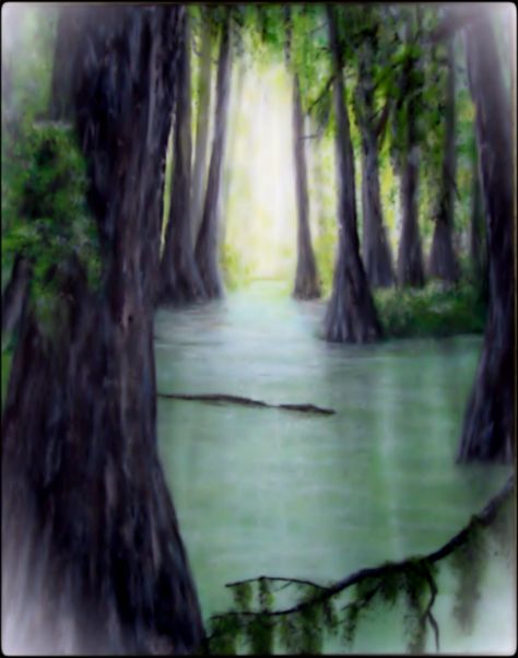 Swamp Paintings, Swamp Landscape, Swamp Painting, Cypress Swamp, Louisiana Swamp, Pond Painting, Block Painting, Louisiana Art, Set Design Theatre