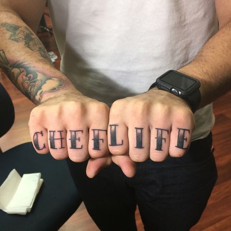 Chef life knuckle tattoo Chef Life Tattoo, Baking Tattoo, Cooking Tattoo, Hand Palm Tattoos, Max Tattoo, Culinary Tattoos, Hand Tatts, Knuckle Tattoo, Chef Tattoo