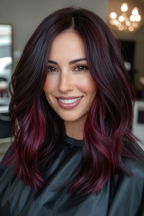 50+ Awesome Black Cherry Hair Color Ideas for 2024 – CreativeBooster Black Cherry Hair Color Balayage, Red Balyage Long Hair Brunette, Deep Red And Black Hair, Dark Brunette Balayage Hair Shoulder Length, Black Roots Red Ends, Dark Red Wine Hair, Black Hair With Caramel Balayage, Brown To Red Ombre Hair, Dark Red Balayage