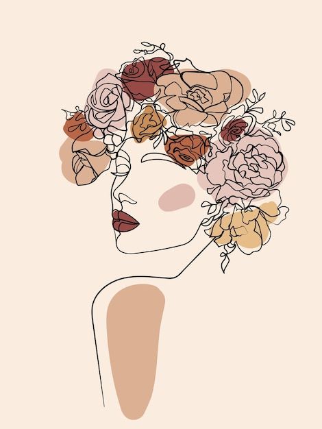 Hair Line Drawing, Woman Illustration Art, Makeup Artist Cards, Face With Flowers, Girl Outlines, Makeup Logo Design, Embroidered Canvas Art, Line Drawing Art, Art Vector Illustration