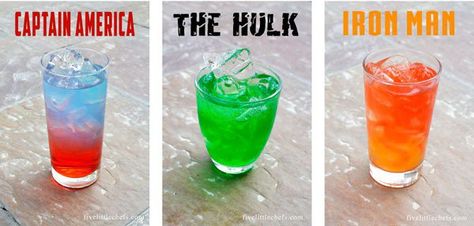 Serve Avengers party drinks at your next movie night. Celebrate the super heros; Captain America, The Hulk and Iron Man with special non-alcoholic recipes. Party Drinks Ideas, Hulk And Iron Man, Avenger Party, Villains Party, Marvel Party, Your Next Movie, Drinks Ideas, Party Drinks Alcohol, Avenger Birthday Party