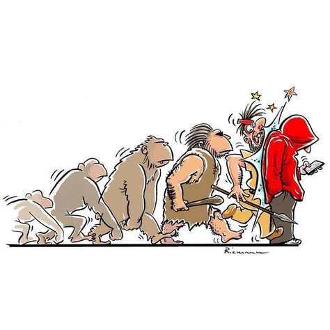 Evolution Evolution Cartoon, Satirical Cartoons, Satirical Illustrations, Theory Of Evolution, Funny Illustration, Charles Darwin, Man Vs, Character Design References, Digital Transformation