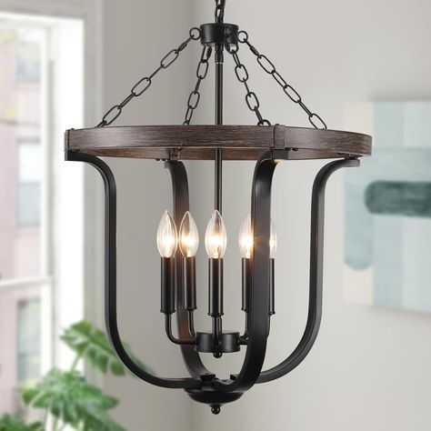 Farmhouse 5-Light Cage Chandelier 18.89' Black Metal and Wood Texture Rustic Chandelier for Dining Room Adjustable Pendant Light Fixture for Kitchen Island Entryway Foyer Bedroom Hallway Black Pendant Lights Over Island, Farmhouse Black Chandelier Home Depot, Black Cage Chandelier, Black Cage Pendant Lights, Lights Over Island, Adjustable Pendant Light, Farmhouse Chandelier Foyer 36”, Cage Chandelier, Farmhouse Chandelier