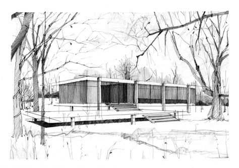 Farnsworth House, Ludwig Mies van der Rohe, Pencil Drawing, Sketches&Illustrations by Patty Piturlea, via Behance Farnsworth House Sketch, Mies Van Der Rohe Architecture, Archi Sketches, Farnsworth House, Landscape Architecture Drawing, Architecture Portfolio Design, Building Sketch, Architect Drawing, Bg Design