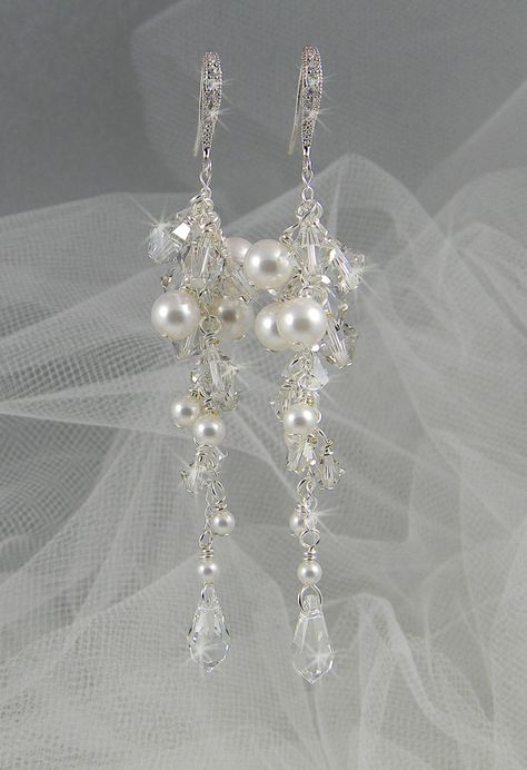 Diamond and Pearl Earrings Pearl Bridal Earrings, Crystal Pearl Earrings, Vintage Drop Earrings, Crystal Earrings Wedding, Bridal Wedding Earrings, Crystal Bridal Earrings, Jewelry Swarovski, Wire Jewelry Tutorial, Platinum Earrings