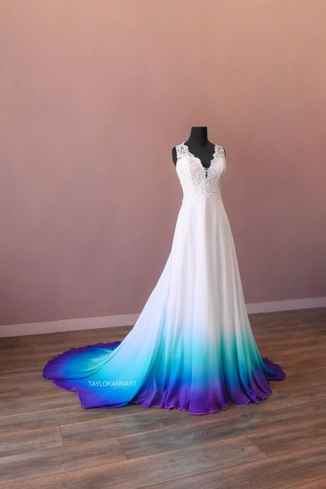 Aurora Borealis Wedding Dress, Hombre Wedding Dress, Tye Dye Wedding Dress, Dyed Wedding Dresses, White And Blue Wedding Dress, Ombré Wedding Dress, Ombre Wedding Dresses, Blue And White Wedding Dress, Wedding Dresses Blue Ombre