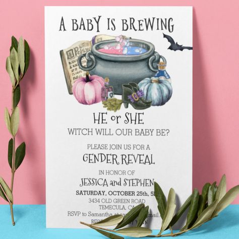 Halloween Baby Brewing Witch Gender Reveal Invitation - halloween invitations wbg Witch Theme Gender Reveal, Gender Reveal Ideas For Halloween, Pastel Halloween Gender Reveal, A Baby Is Brewing Gender Reveal, Baby Brewing Gender Reveal, Gender Reveal Halloween Theme, Halloween Gender Reveal Invitations, Witch Gender Reveal, Baby Is Brewing Gender Reveal