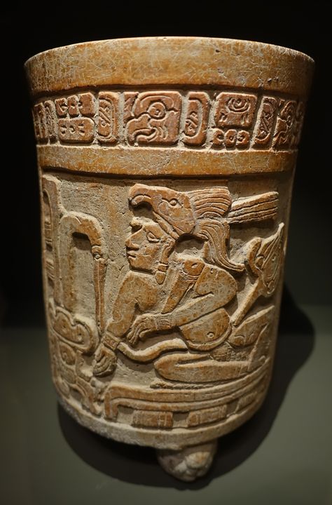 Tripod cylindrical vessel depicting an enthroned lord with glyphic text, Maya, northern Maya lowlands, Mexico, Late Classic period, c. 600-900 AD, ceramic Mayan Gods, Mayan Cities, Mayan Art, Ancient Pottery, Aztec Art, Ancient Temples, Ritz Carlton, Art And Architecture, American Art