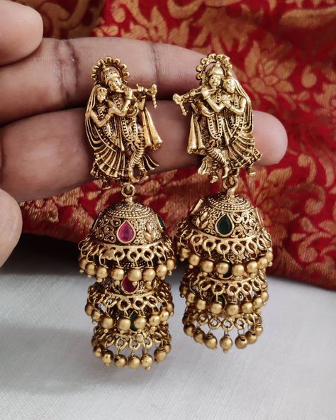 Radha Krishna Antique Jhumkas - South India Jewels Antique Earrings Gold Indian, Antique Jhumkas, Golden Jhumka, Jhumka Design, Antique Jhumka, Desi Jewelry, Temple Jewellery Earrings, Jhumka Designs, Bridal Jewellery Inspiration