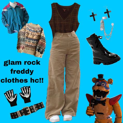 Sun Cosplay Outfit, Glamrock Freddy Inspired Outfit, Glamrock Aesthetic Clothes, Monty Fnaf Outfit, Fnaf 80s Style, Fnaf Movie Outfit Ideas, Glamrock Outfit, Fnaf Inspired Outfits, Fnaf Outfit Ideas