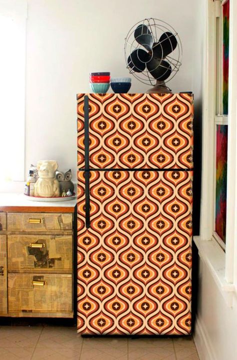 Frig Wrap, Fridge Wrapping Ideas, Wrapped Fridge, Retro Dishwasher, Wrap Fridge, Dishwasher Wrap, Fridge Decoration, Refrigerator Wrap, Fridge Design