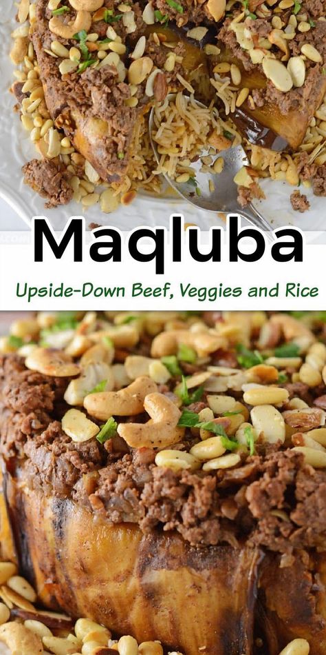 Dive into the culinary wonder of Maqluba, a traditional Middle Eastern dish that turns the concept of cooking on its head. This flavorful masterpiece layers rice, vegetables, and tender meat, all cooked together and then flipped upside down for a stunning presentation. Perfect for impressing guests or enjoying a comforting family meal, Maqluba offers a delightful blend of spices and textures that will transport your taste buds to a world of exotic flavors. Embrace the art of this unique dish and bring a touch of magic to your dining table. Middle East Eggplant Recipes, Maqluba Recipe Lamb, Egyptian Beef Recipes, Maqluba Recipe Chicken Rice, Middle Eastern Ground Beef Recipes, Arabic Food Recipes Middle East, Arabian Food Recipes, Maklouba Recipe, Maqluba Recipe