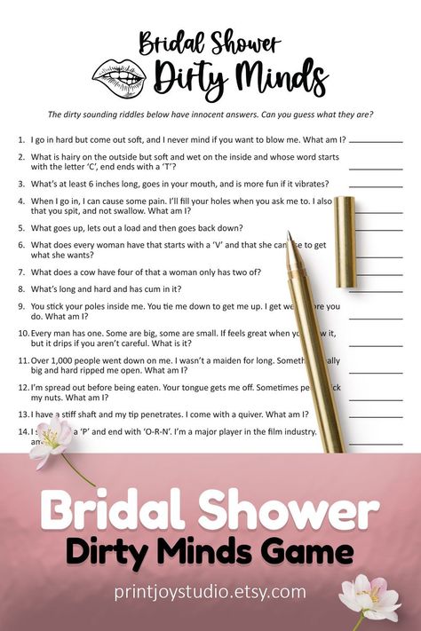 Bridal Shower Games Dirty Minds, Bridal Shower Games Dirty, Bachelorette Party Ideas Games Funny, Dirty Bridal Shower Games, Mind Game Questions, Games Bridal Shower Ideas, Funny Bridal Shower Games, Bridal Shower Games Free Printables, Spooky Wedding