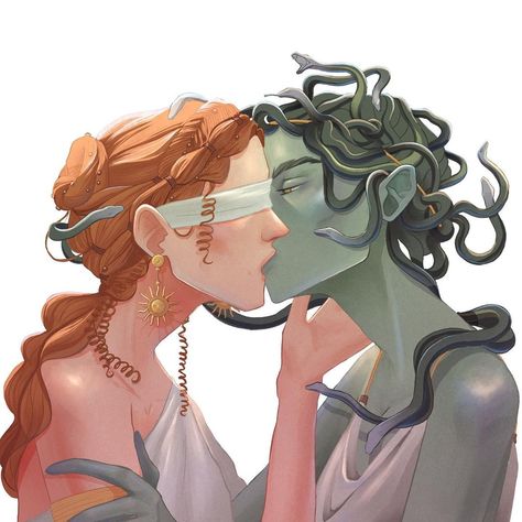 Guinevere on Instagram: “~Medusa Gorgon and her lover~ . . And Yes, this is just a free assumption and fantasy💫 . tag: #medusagorgon #medusa #medusaart…” Dnd Medusa Art, Medusa And Her Sisters, Medusa Comics, Greek Mythology Lesbian Art, Lesbian Medusa Fanart, Blind Girl, Medusa Gorgon, Medusa Art, Achilles And Patroclus