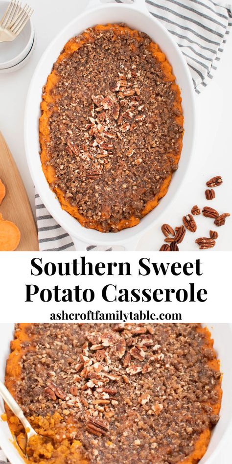 Southern sweet potato casserole with pecan topping served as a fall side dish and dessert for a crowd. Sweet Potato Crunch Casserole, Traditional Thanksgiving Sides, Southern Sweet Potato Casserole, Side Dishes For A Crowd, Dishes For A Crowd, Sweet Potato Crunch, Thanksgiving Dinner Sides, Thanksgiving Main Dishes, Easy Thanksgiving Dinner