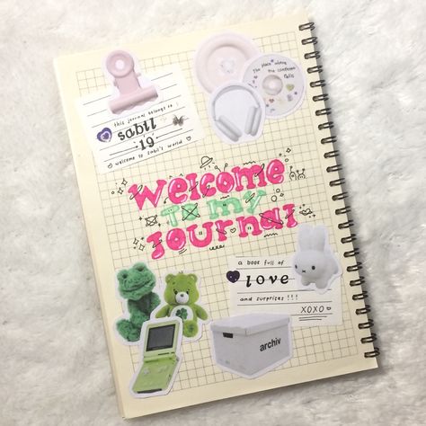 Welcome To My Journal Ideas, Cartoon Journal, Stationery Obsession, Bulletin Journal Ideas, Kpop Journal, Memory Journal, Diy Journal Books, Drawing Journal, Scrapbook Book