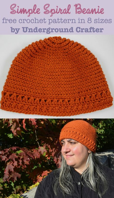 Simple Spiral Beanie, free #crochet pattern in Lion Brand Vanna's Choice in 8 sizes from newborn through adult large by Marie Segares/Underground Crafter. Crochet Adult Hat, Projects Design, Crochet Hat Free, Crochet Knit Hat, Crochet Beanie Hat, Crochet Beanie Pattern, Crochet Hats Free Pattern, Crochet Mittens, Crochet Cap