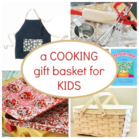 Ideas for putting together a cooking gift basket for kids -- with child-sized real tools. Cooking Gift Basket, Cooking Gifts Basket, Baking Gift Basket, Soup Gifts, Family Gift Baskets, Childrens Baking, Auction Basket, Raffle Basket, Kids Gift Baskets