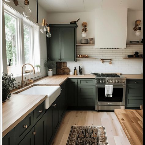 Countertops With Green Cabinets, Green Cabinets Butcher Block Countertops, Green Cabinets With Butcher Block, Kitchens With Butcher Block Countertops, Sage Green Kitchen Cabinets, Butcher Block Countertops Kitchen, Taupe Kitchen Cabinets, Kitchen Butcher Block, Green Countertops