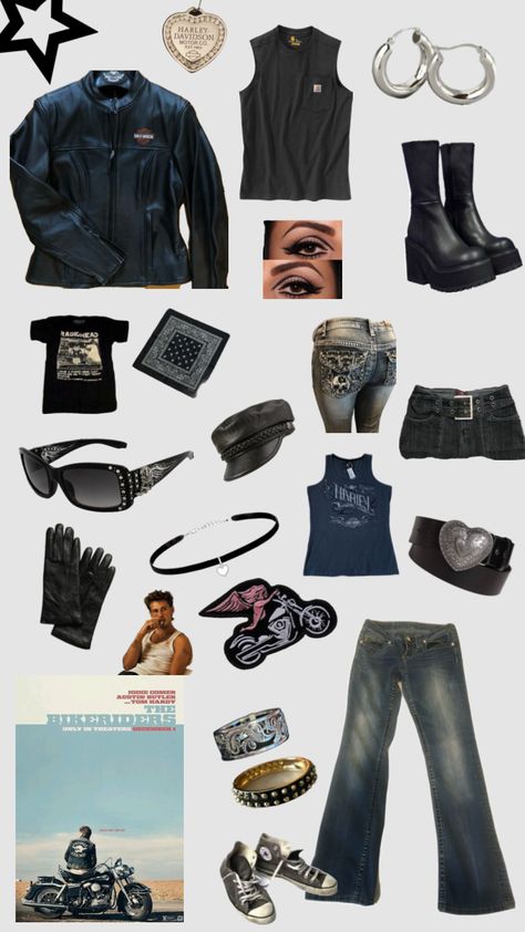 the bikeriders outfit ootd biker girl movie inspo vintage leather black grunge #thebikeriders #outfitinspo #ootd Harley Biker Costume, Biker Fit Women, Biker Girl Outfits Aesthetic, Biker Girl Aesthetic Outfits, Motorcycle Aesthetic Outfits, Biker Aesthetic Outfits, Biker Halloween Costume Women, Biker Babe Outfit, Biker Halloween Costume