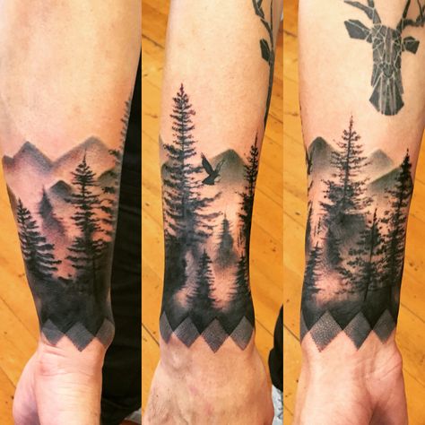 Treescape cuff tattoo Treescape Tattoo, Celtic Armband Tattoo, Dark Forest Tattoo, Tom Tattoo, Forearm Tats, Slavic Tattoo, Forest Tattoo, Cuff Tattoo, Tattoos Men