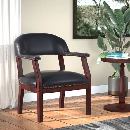 Charlton Home® Veazey 24" W Vinyl Seat Waiting Room Chair with Wood Frame | Wayfair Bankers Chair, Upholstered Desk Chair, Waiting Room Chairs, Boss Office, Reception Chair, Guest Chair, Conference Chairs, Furniture Legs, Mahogany Wood