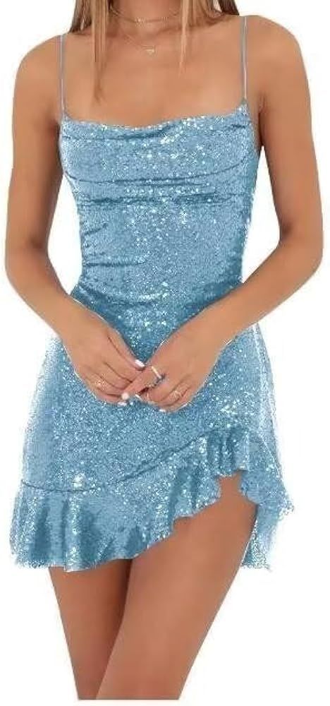 Light Blue Sparkly Dress, Short Sparkly Dresses, Prom Dresses Short Blue, Blue Sparkly Dress, Homecoming Dresses For Teens, Cute Formal Dresses, Sequin Homecoming Dress, Light Blue Prom Dress, Cute Homecoming Dresses