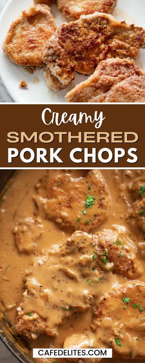 Creamy Smothered Pork Chops are first seared and then cooked in a rich onion gravy. If you love juicy, succulent pan-fried pork chops, you will love this tasty recipe! It's so versatile, you can serve them with anything like mashed potatoes, white rice, or roasted veggies to make a complete meal. Creamy Smothered Pork Chops, Pork Chops With Gravy, Smothered Pork Chops Recipe, Pan Fried Pork Chops, Recipes Chili, Cake Pizza, Pork Chops And Gravy, Pork Chops And Potatoes, Smothered Pork