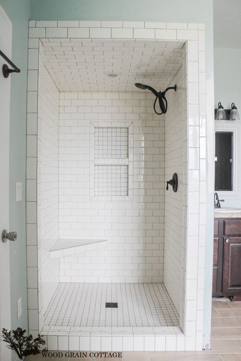 New Paint In The Master Bathroom - The Wood Grain Cottage Doorless Shower Design, Corner Shower Stalls, Doorless Shower, Subway Tile Showers, Small Bathroom With Shower, Painted Tiles, Shower Tile Ideas, Small Showers, Tiled Shower