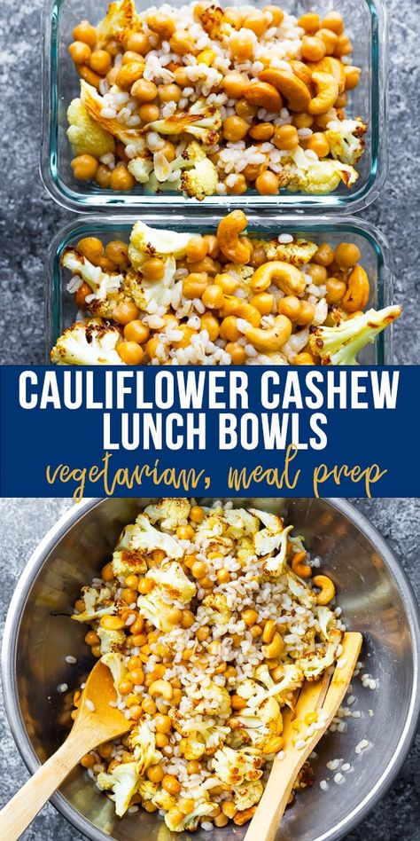 Make these cauliflower cashew meal prep bowls ahead of time and have work lunches ready for the week: Roasted cauliflower, toasted cashews, barley and chickpeas are all tossed in a delicious honey-ginger vinaigrette! Vegetarian and easily made vegan. #sweetpeasandsaffron #mealprep #lunchmealprep #salad #cauliflower #vegetarian #vegan Salad Cauliflower, Toasted Cashews, Ginger Vinaigrette, Lunch Bowls, Cholesterol Recipes, Vegetarian Meal Prep, Honey Ginger, Work Lunches, Prep Bowls