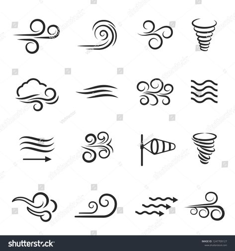 Wind weather and environment, nature icon set. Natural movement of the air symbols. Vector line art illustration isolated on white background #Ad , #spon, #set#icon#movement#Natural Air Symbol Art, Air Tattoo Ideas Symbols, Wind Symbol Tattoo, Breeze Tattoo Ideas, Air Element Tattoo Ideas, Symbols Of Nature, Air Drawing Element, How To Draw Wind, 5 Elements Of Nature Illustration