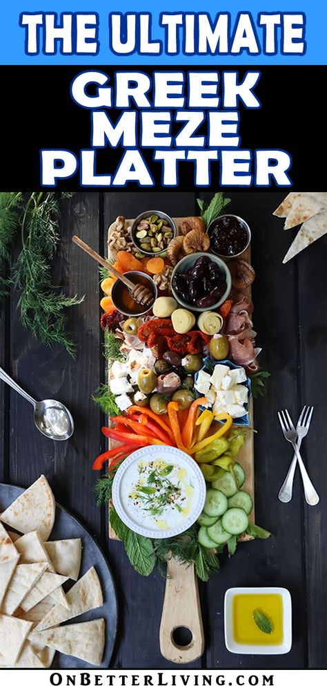 Greek Antipasto Platter, Greek Tapas Platter, Meze Platter Ideas, Greek Dinner Party Menu Ideas, Greek Meze Platter, Greek Mezze Platter, Greek Tapas, Greek Food Party, Mezze Board