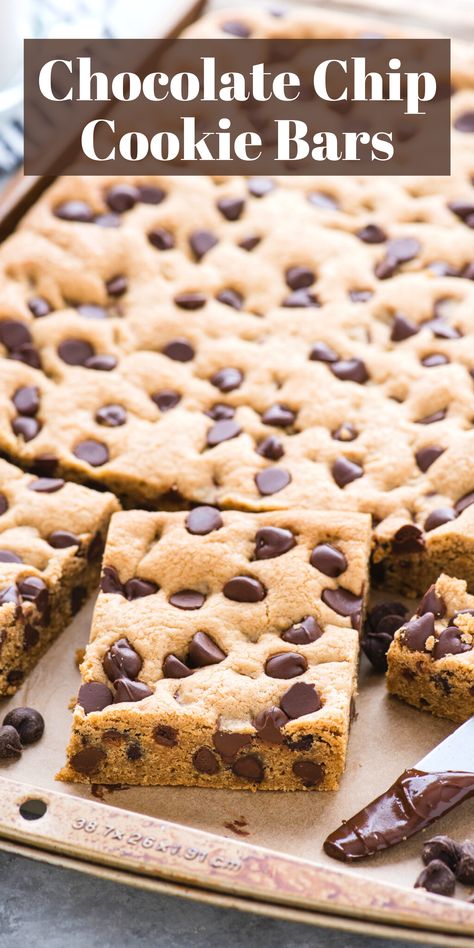 chocolate chip cookie bars pin with text overlay 9 X 13 Chocolate Chip Cookie Bars, Easy Chocolate Chip Bars 9x13, Chocolate Chip Pan Chewies, Chocolate Chip Pan Cookies Bar Recipes, Chocolate Chip Cookies Bars 9x13, Easy Cookie Bars Recipes, Chocolate Cookie Bars Recipe, 9x13 Bar Recipes, Chocolate Chip Bars 9x13 Recipe