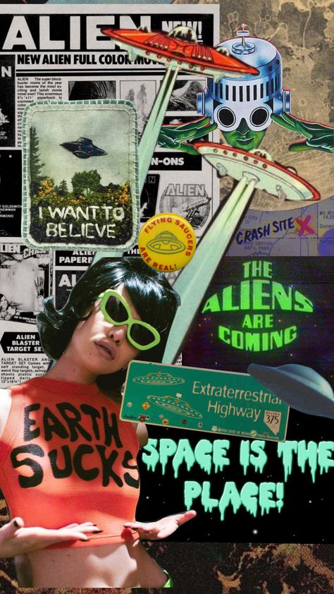 #moodboard #aesthetic #vintage #collage #foryou #retro #60s #aliens #scifi Alien Punk Aesthetic, 50s Alien Aesthetic, 90s Alien Aesthetic, 60s Alien, Alien Moodboard, Aliencore Aesthetic, Alien Blaster, Space Comic, Background Screensavers