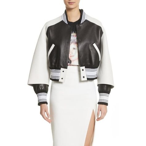 Women's Off-White Crop Varsity Jacket (32.411.855 IDR) ❤ liked on Polyvore featuring outerwear, jackets, multicolor white, leather varsity jacket, leather letterman jacket, multi-color leather jackets, genuine leather jackets and colorful leather jacket Crop Varsity Jacket, Colorful Leather Jacket, Coloured Leather Jacket, Off White Jacket, Leather Varsity Jackets, College Jackets, White C, Letterman Jacket, Genuine Leather Jackets