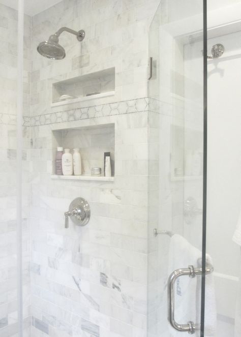 Seventy Five Arlington - bathrooms - white marble subway tiles, shower surround, white marble shower, white marble shower surround, mosaic m... Cozy Bathroom Ideas, White Marble Shower, Marble Shower Tile, White Mosaic Tiles, Subway Tile Showers, Cozy Bathroom, Marble Showers, Bad Inspiration, Shower Niche