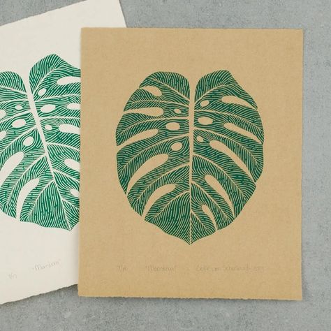 Leaf Lino Print, Monstera Linocut, Linocut Leaves, Linocut Inspiration, Lino Ideas, Lino Printing, Linoleum Print, Linoleum Block Printing, Linocut Printmaking