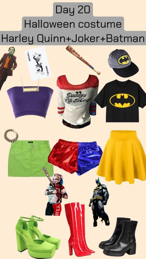 #day20 #jokerharleyquinn, andbatman #halloweencostume Joker Batman And Harley Quinn Costume, Joker And Harley Quinn Costume, Batman Costume For Girls, Harley Quinn Halloween Costume, Robin Costume, Trio Costumes, Batman Costumes, Joker Costume, Bff Halloween Costumes