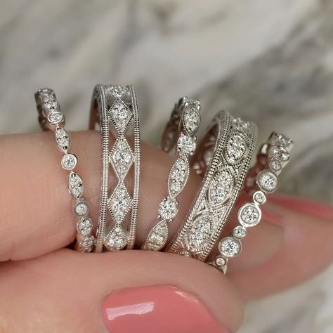 Ivy & Rose Fine Jewelry on Instagram: “Glitter stacks, perfect for mixing and matching ✨⁠ ⁠” 10 Year Anniversary Ring, Diamond Wedding Bands Stackable, Platinum Diamond Wedding Band, Vintage Diamond Wedding Bands, Round Diamonds Wedding Band, Round Wedding Band, Right Hand Ring, Platinum Wedding Band, Setting Ideas