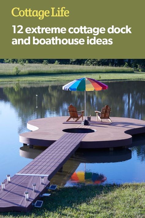 Docks On The River Ideas, Floating Dock Ideas Lakeside, Boat Dock Decorating Ideas Lakes, Floating Docks For Lake, Boat Docks Lake Ideas, River Dock Ideas, Boat Dock Bar Ideas, Small Lake Dock, Garden Lake Ideas