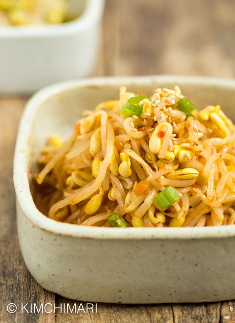 Kongnamul Muchim (Spicy Soybean Sprouts side dish) that is saucy and delicious! Simple and easy - ready in less than 15 minutes! #koreanfood #koreansidedish #vegan #vegetarian #asianrecipes #sprouts #kimchimari via @kimchimari Soybean Sprouts, Bean Sprout Recipes, Korean Side Dishes, Sprouts Salad, Sprout Recipes, Korean Dishes, Asian Cooking, Healthy Dishes, Asian Dishes