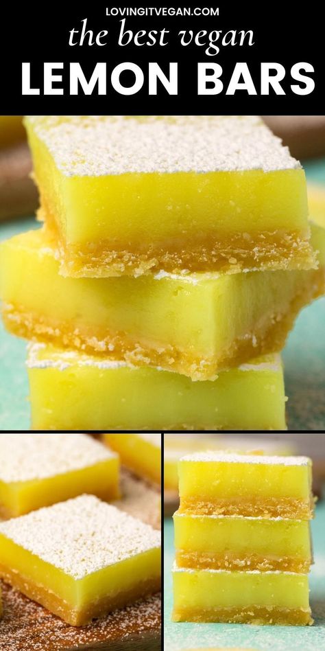 The best vegan lemon bars are tangy, sweet and lemony with a buttery shortbread crust and a filling that tastes like lemon meringue pie! Vegan Lemon Bars Recipe, Vegan Lemon Recipes, Vegan Lemon Desserts, Vegan Lemon Bars, Vegan Recipes For One, Baked Snacks, Vegan Lemon Cake, Vegan Holiday Recipes, Vegan Snack Recipes