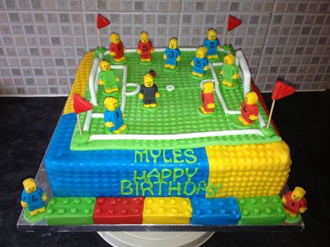 Lego football birthday cake! Lego Football Cake, Lego Football, Lego Themed Cake, Soccer Birthday Cakes, Football Birthday Cake, 7th Birthday Cakes, Soccer Cake, Birthday Week, Soccer Birthday