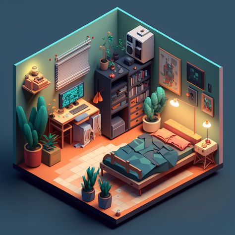 Gaming Room Isometric, Low Poly Isometric Room, Isometric Art Blender, 3d Isometric Illustration, Isometric 3d Art, Isometric Art 3d, Isometric Design Architecture, Isometric Gaming Room, Isometric Room Design