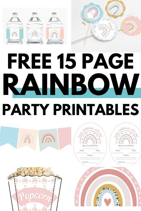 Free Printable Pastel Rainbow Party Decorations - Home Crafts and More Rainbow Party Printables Free, Boho Rainbow Diy Decor, Rainbow Pastel Party Decorations, Rainbow Birthday Party Invitations Free Printable, Birthday Labels Printables Free, Pastel Rainbow Party Ideas, Pastel Rainbow Birthday Party Decorations, Rainbow Party Printables, Pastel Rainbow Birthday Party