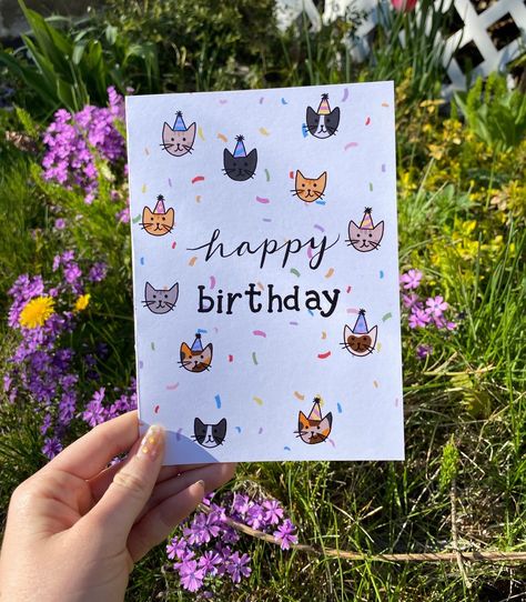 Cat Birthday Card Cute Birthday Cards Inside, Birthday Cards For Cat Lovers, Birthday Wishes Card Design Handmade, Cat Card Design, Happy Birthday Cat Drawing, Cute Cat Birthday Cards, Birthday Card Cat Diy, Cat Bday Cards, Birthday Card With Cats